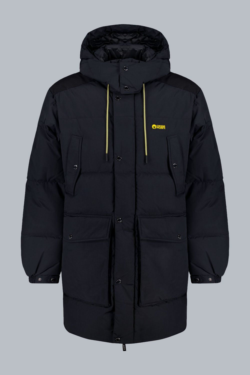 CANADA – PIUMINO UNISEX LUNGO NERO 4 TASCHE CON CAPPUCCIO STACCABILE 100% RICICLATO