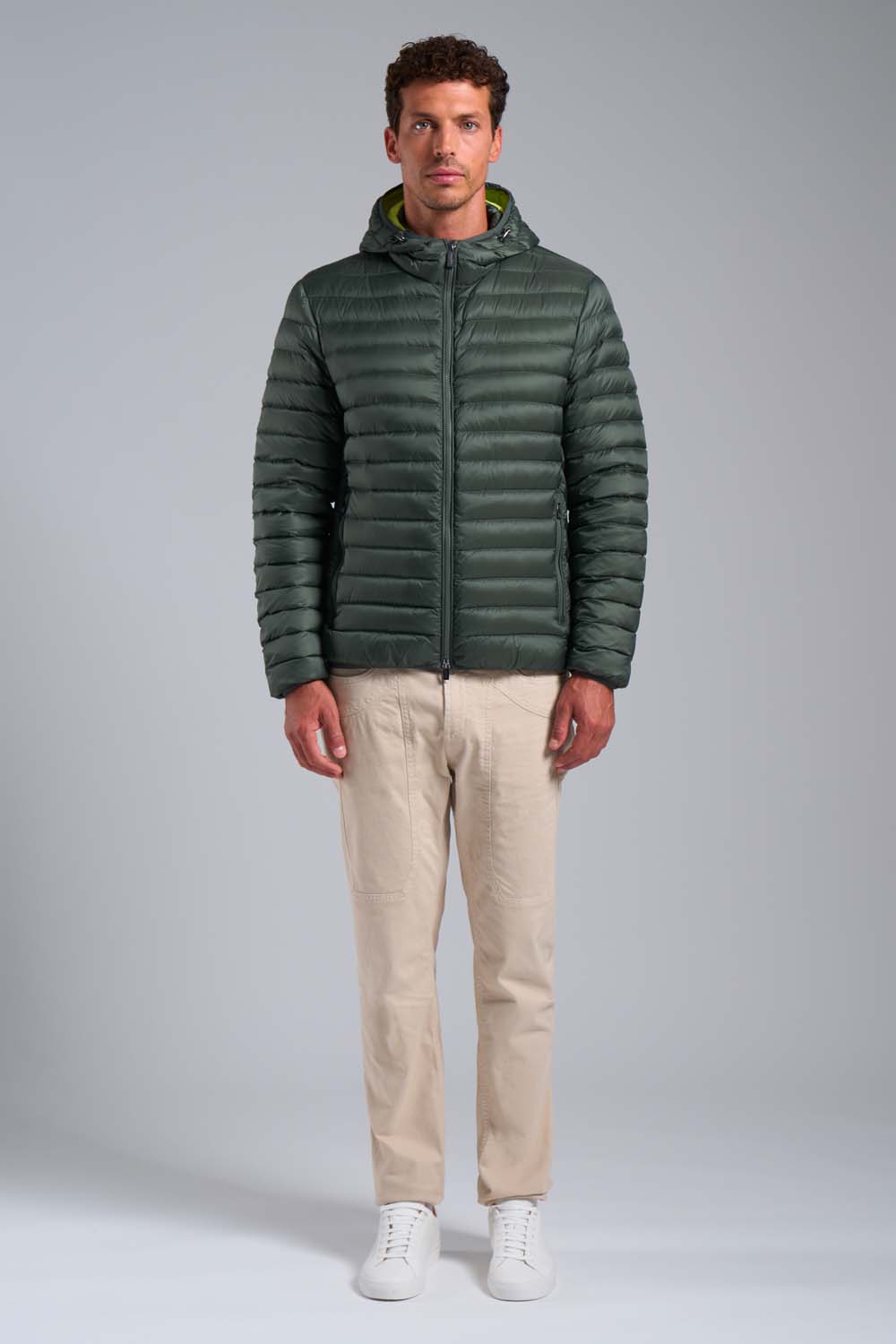 FRANKLIN 2.0 - Piumino 100 grammi verde con cappuccio in vera piuma 800 fill power