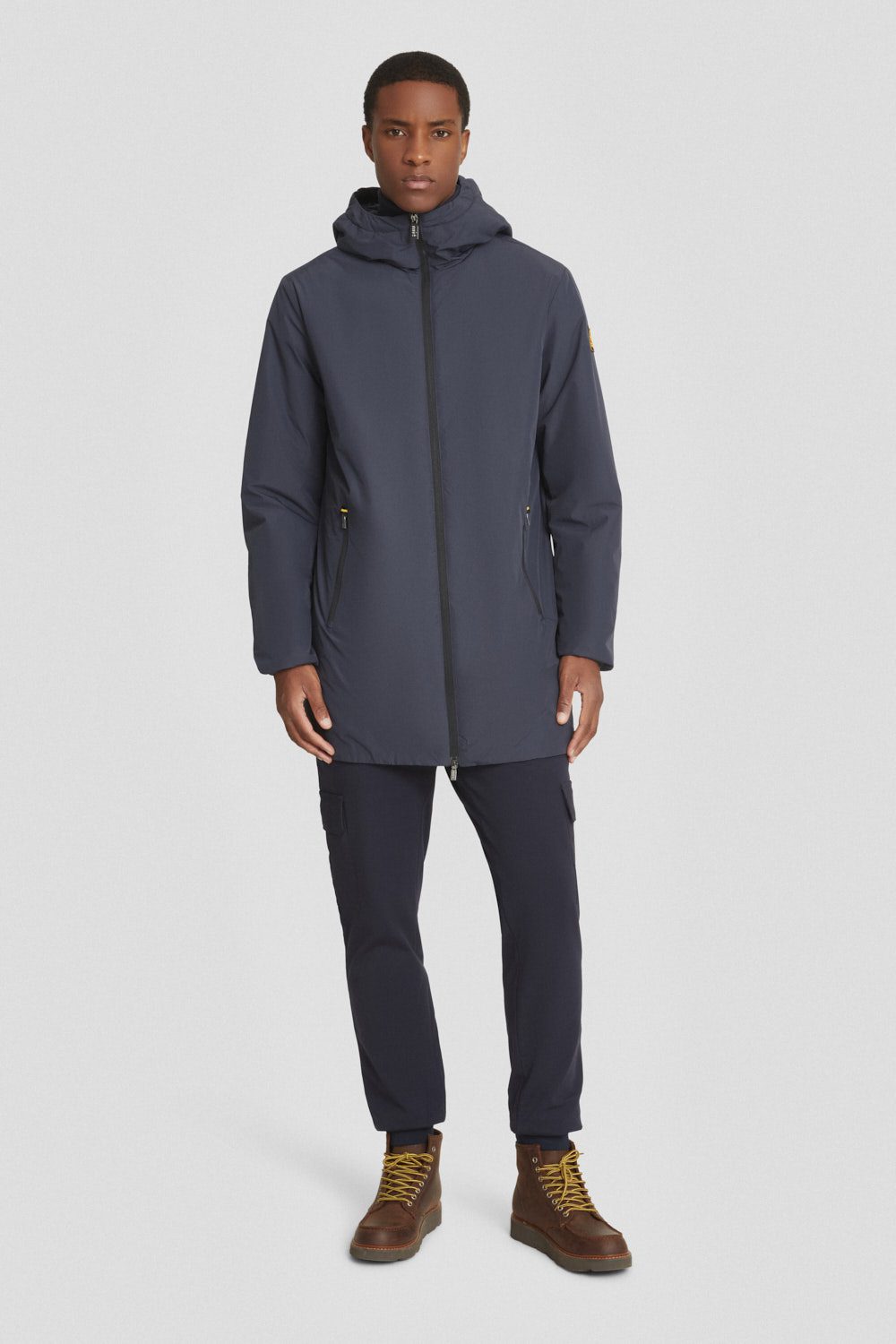 Giacca lunga imbottita blu con cappuccio