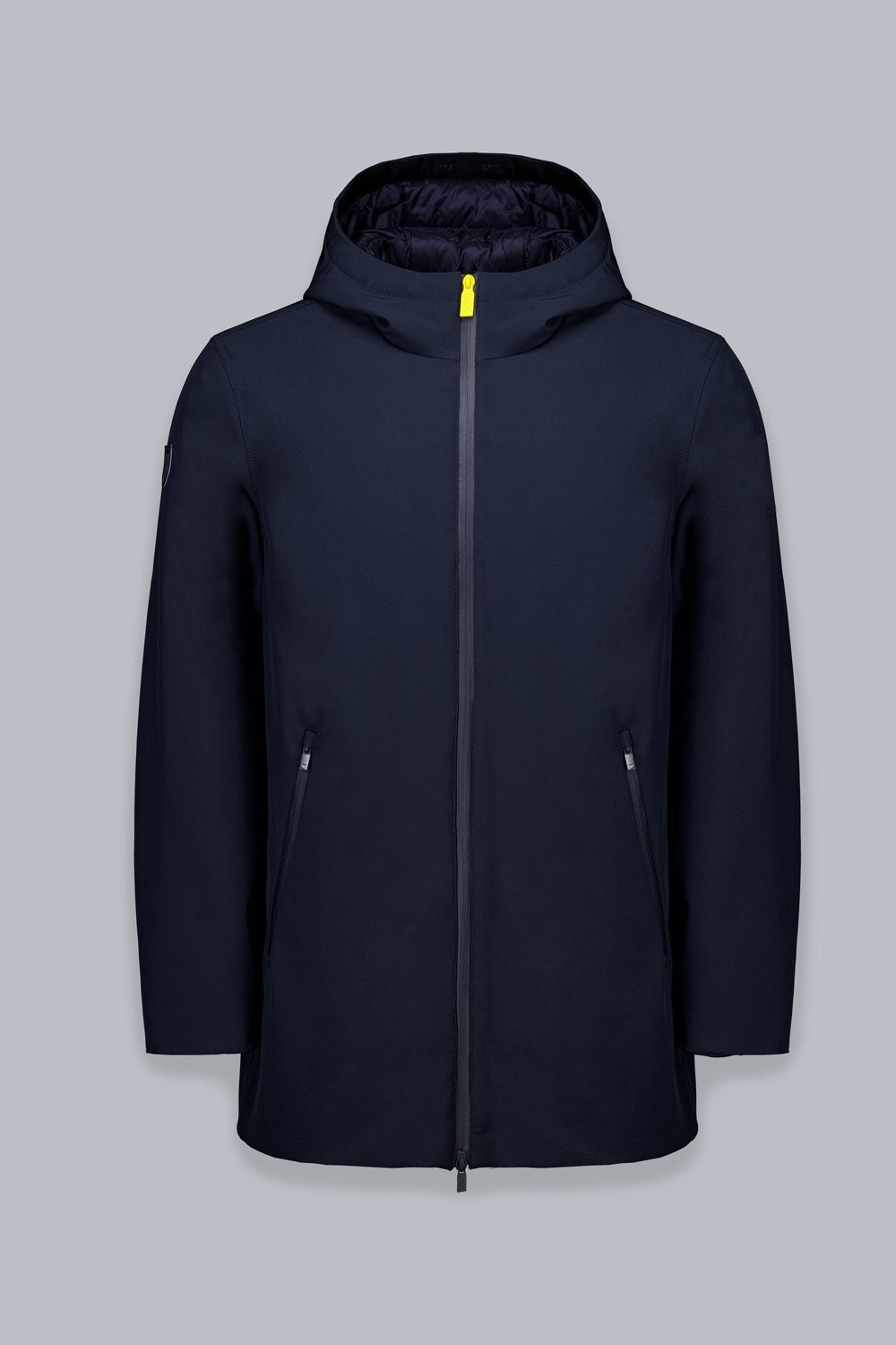 HERDO – Giacca lunga blu in softshell con cappuccio fisso