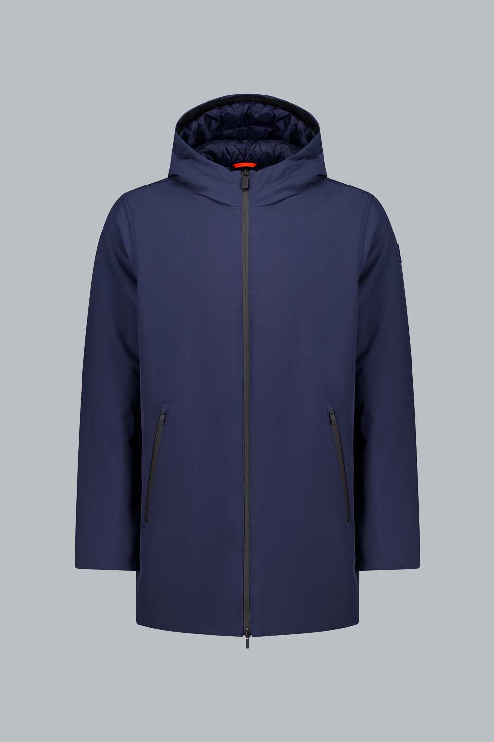 HERDO – Giacca lunga blu in softshell con cappuccio fisso