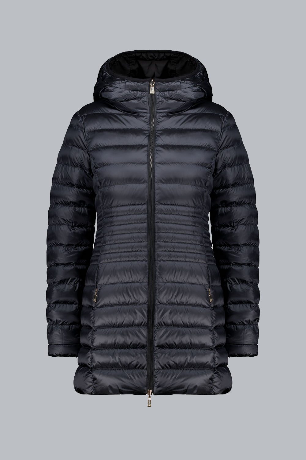 KALIE - Piumino lungo nero reversibile in vera piuma 800 fill power