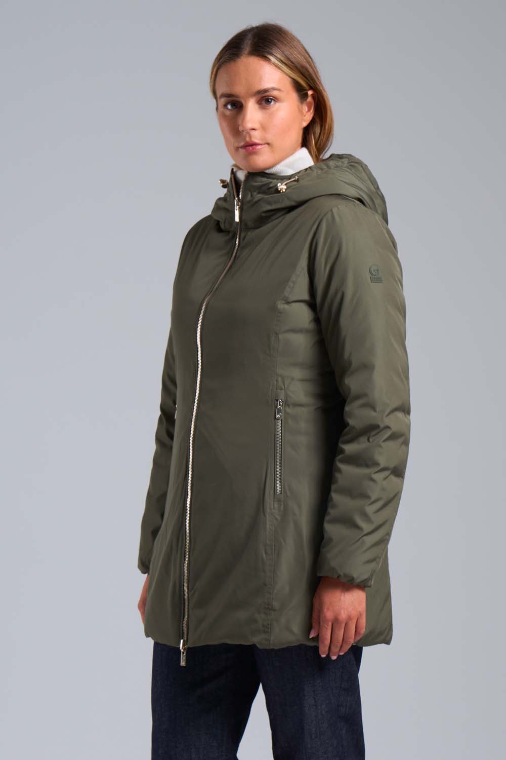 KALIE - Piumino lungo verde militare reversibile in vera piuma 800 fill power