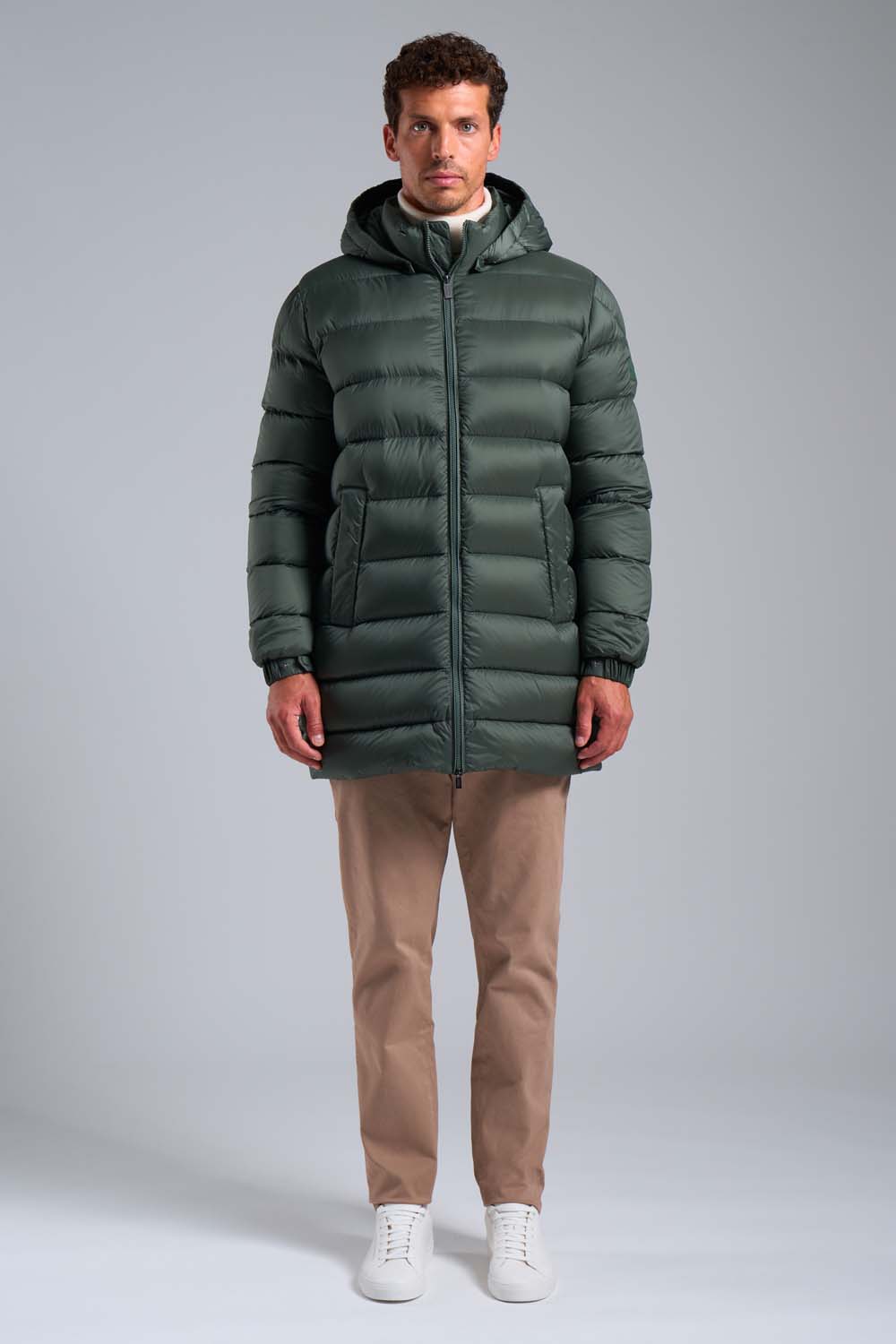 LION - Piumino 200 grammi verde con cappuccio staccabile in vera piuma 800 fill power