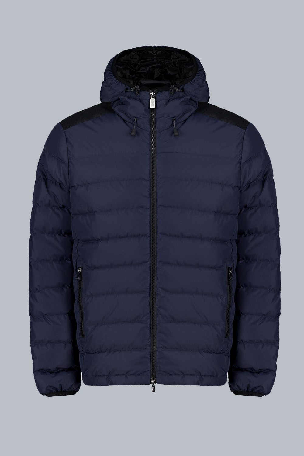 STEVENSON – Piumino corto blu con cappuccio imbottito in vera piuma