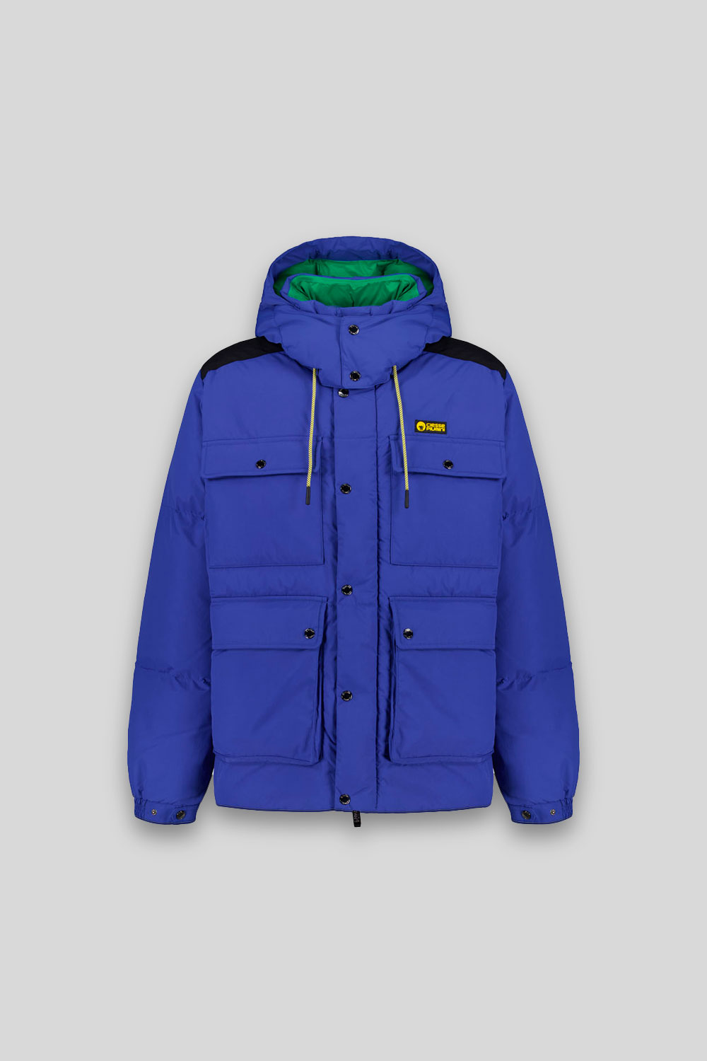 ALASKA – PIUMINO UNISEX BLU COBALTO 4 TASCHE CON CAPPUCCIO STACCABILE 100% RICICLATO