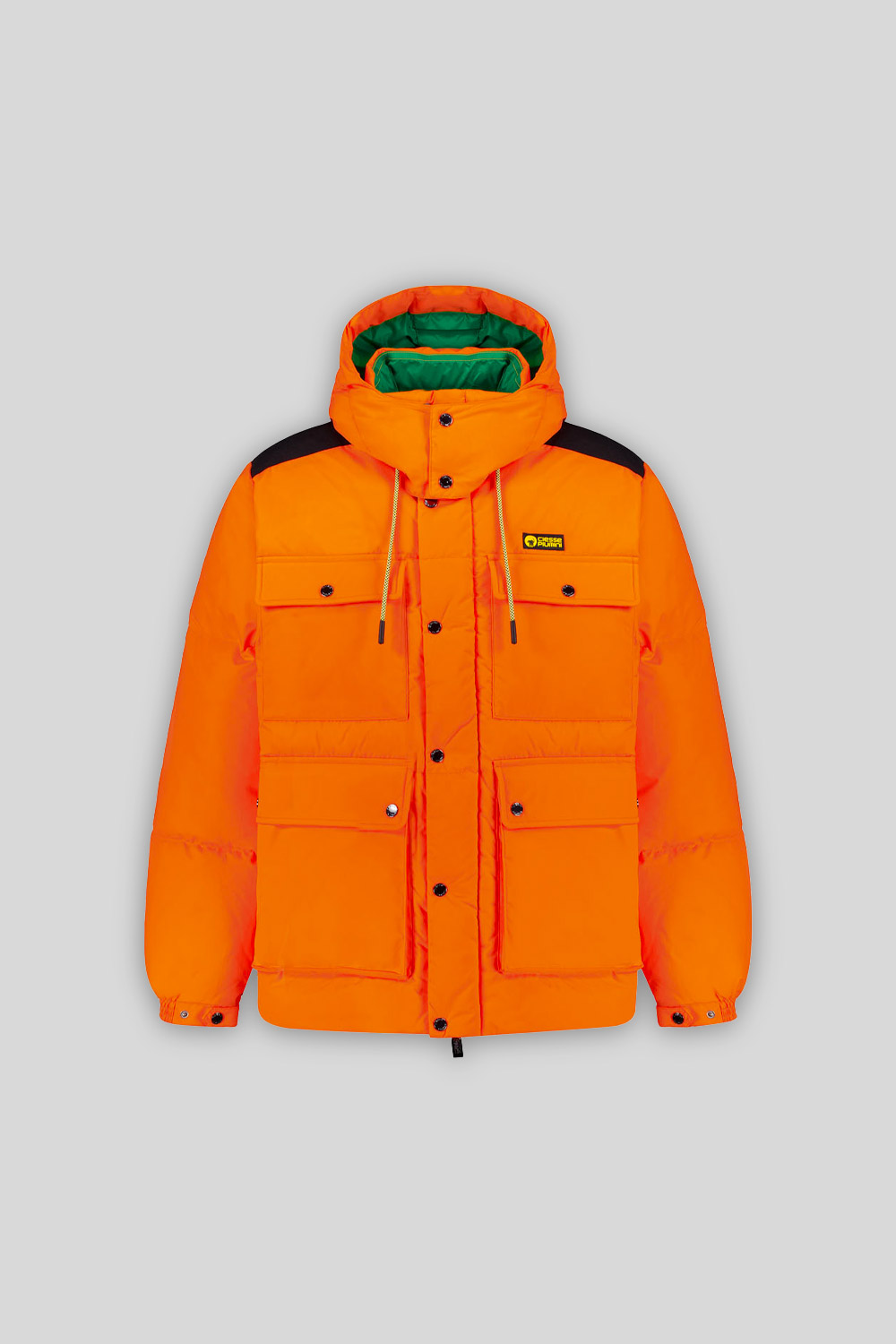 ALASKA – PIUMINO UNISEX ARANCIONE 4 TASCHE CON CAPPUCCIO STACCABILE 100% RICICLATO