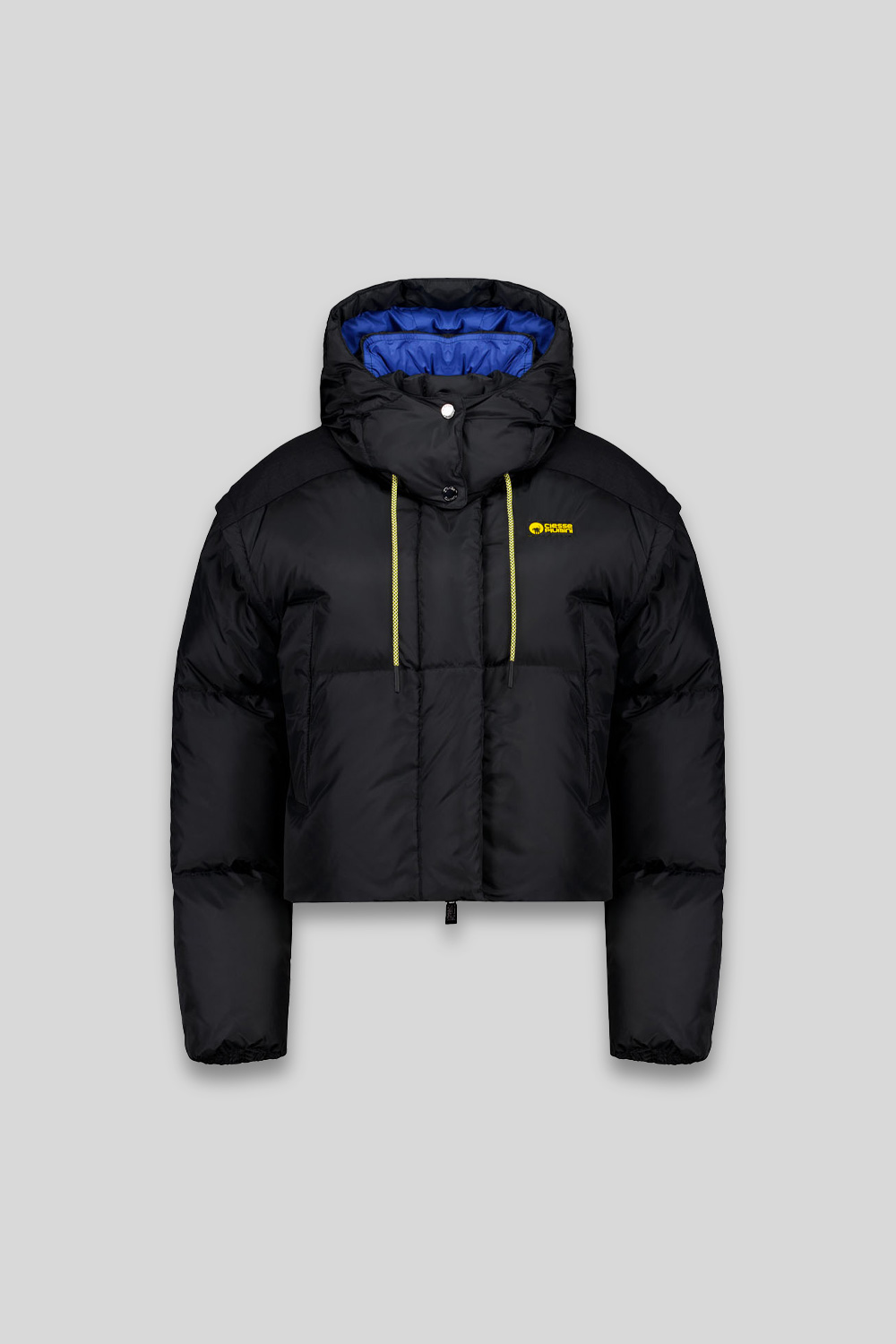 NEVADA– PIUMINO NERO CROP CON MANICHE E CAPPUCCIO STACCABILI 100% RICICLATO