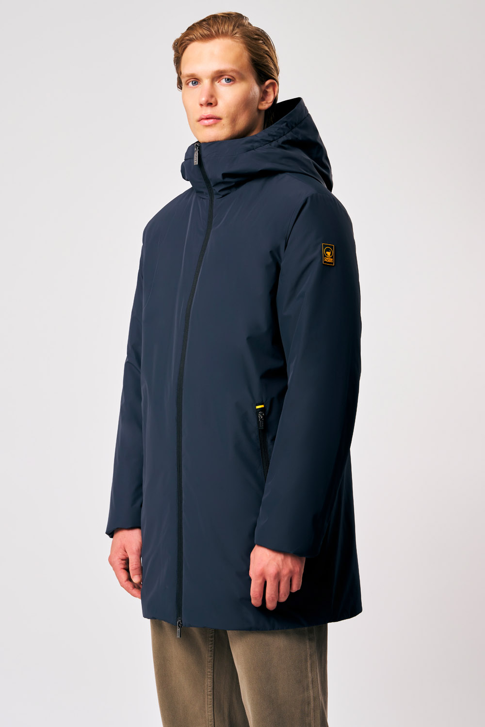 Gunbu - Giacca lunga con cappuccio da uomo imbottita blu