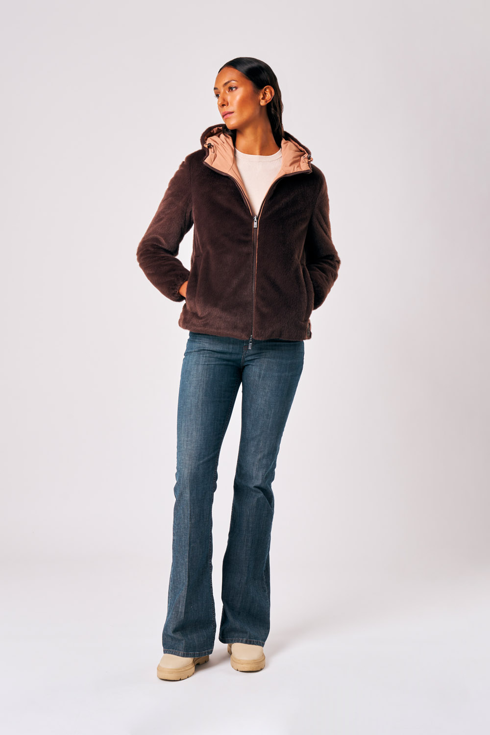 Belen - Giacca reversibile da donna in ecopelliccia marrone