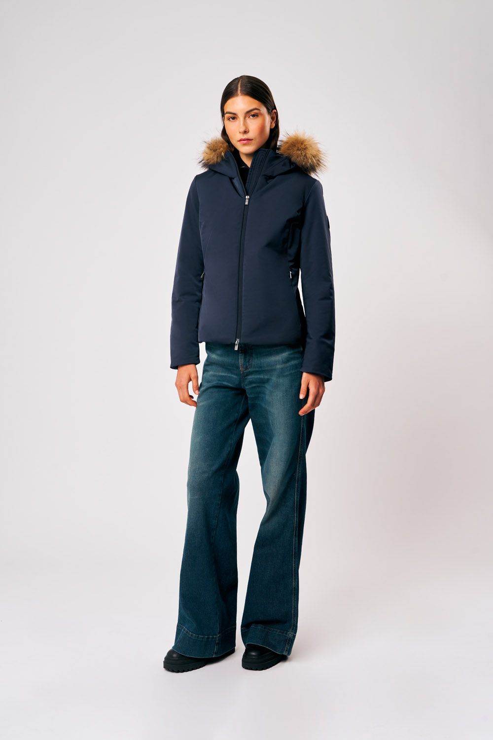 Biliana - Giacca con cappuccio in pelliccia staccabile blu