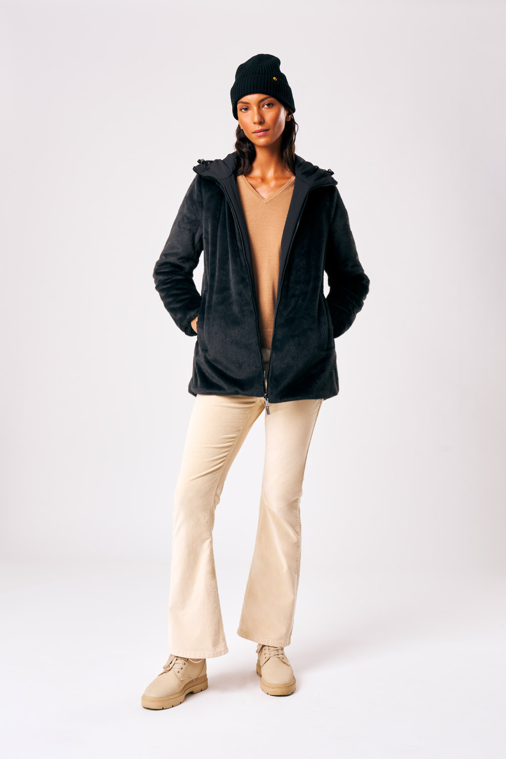 Lucrezia - Cappotto reversibile da donna in ecopelliccia nero
