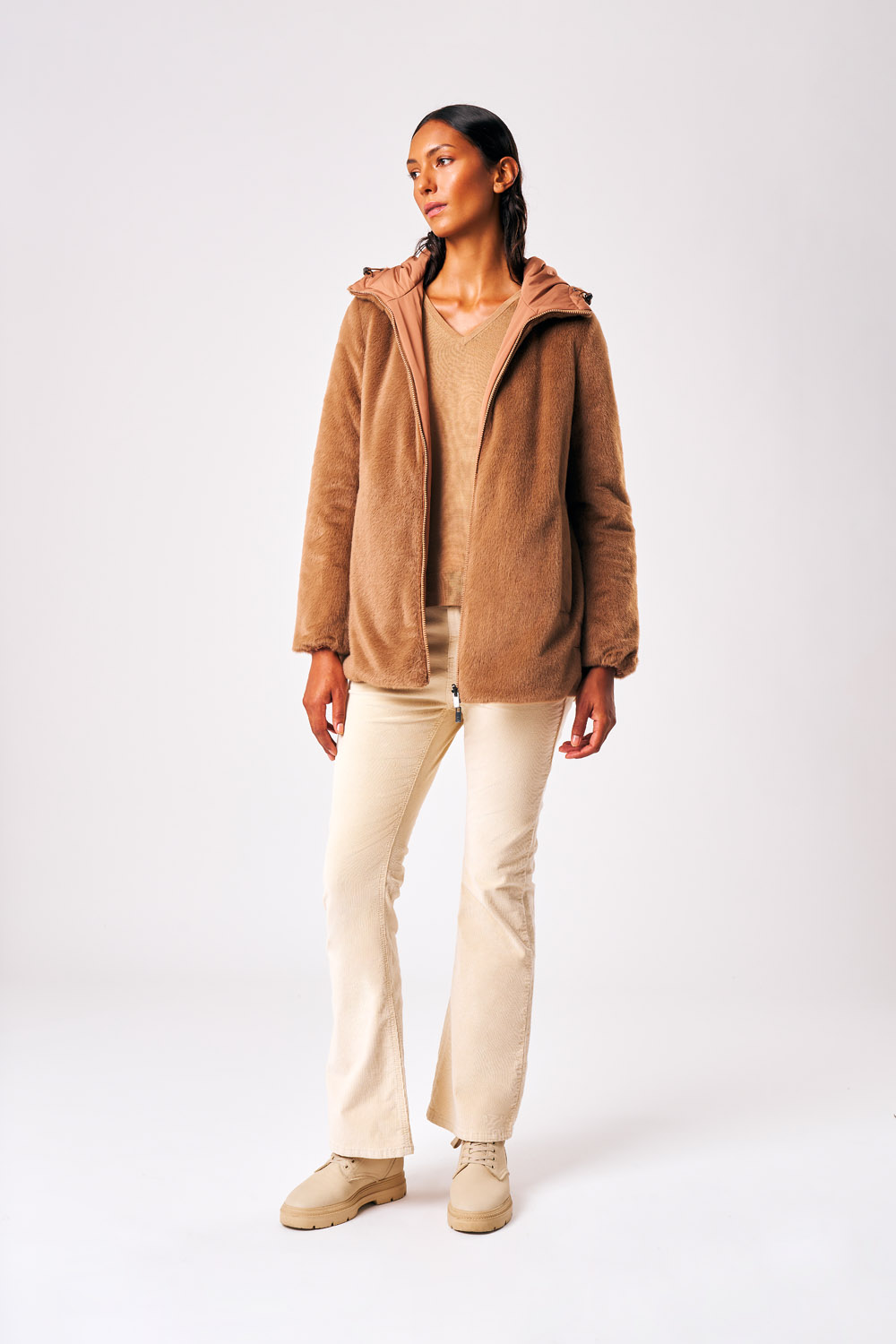 Lucrezia - Cappotto reversibile da donna in ecopelliccia beige