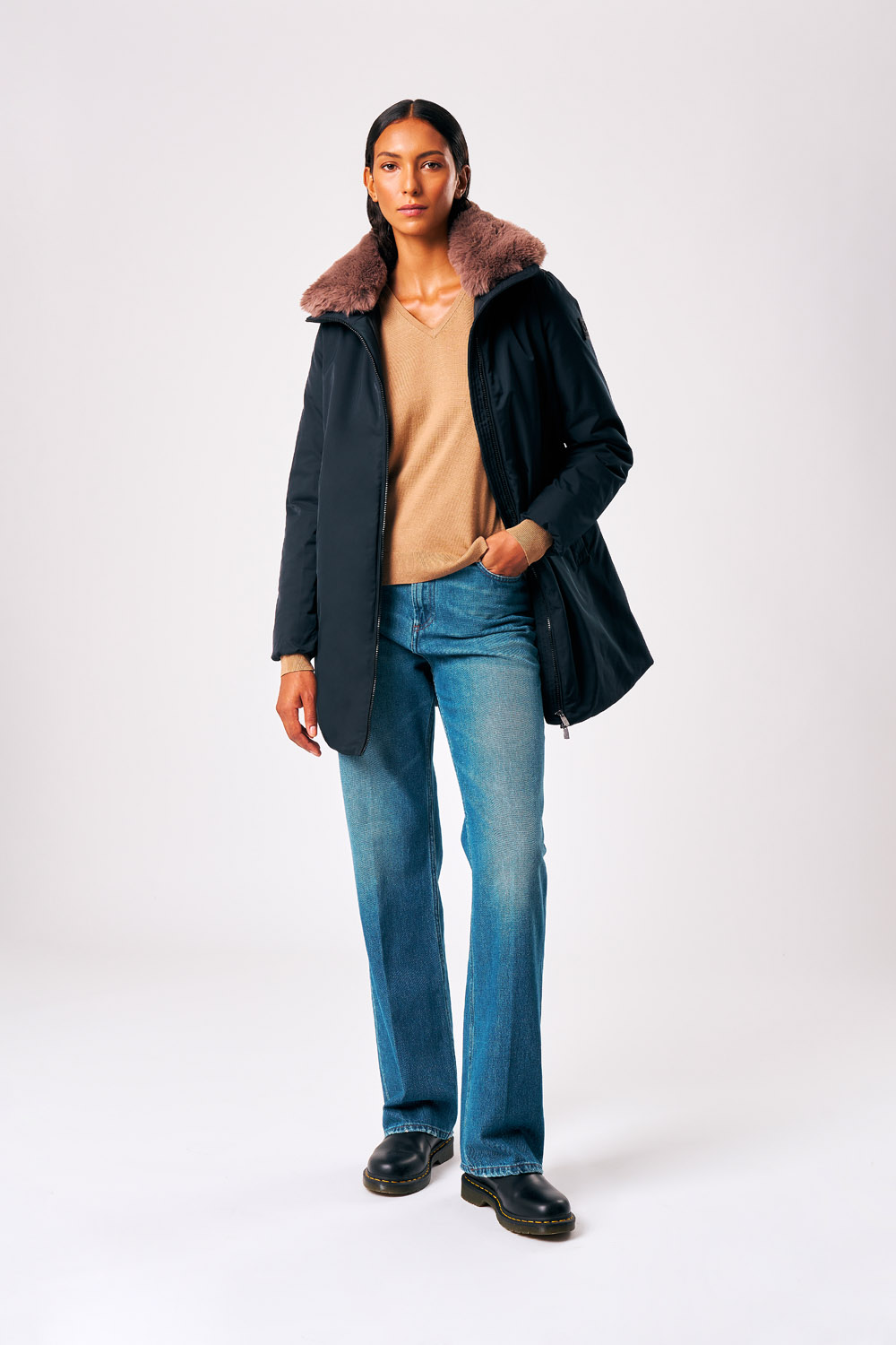 Piroska - Cappotto lungo con pelliccia da donna nero