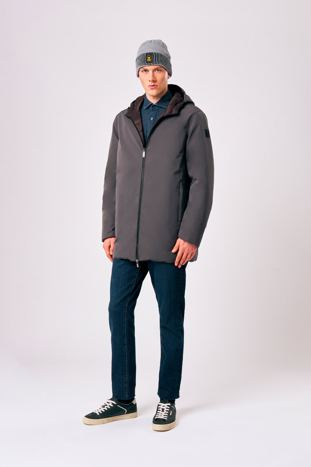 Ronald 3.0 - Giacca reversibile lunga grigia da uomo in vera piuma 800 fill power