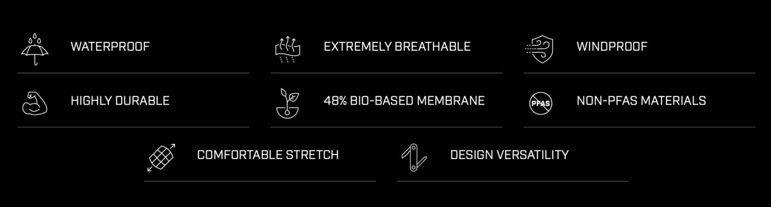 Caratteristiche del tessuto: waterproof, extremely breathable, windproof, duraturo, 48% bio-based membrane, non-pfas, design versatile, confortevole